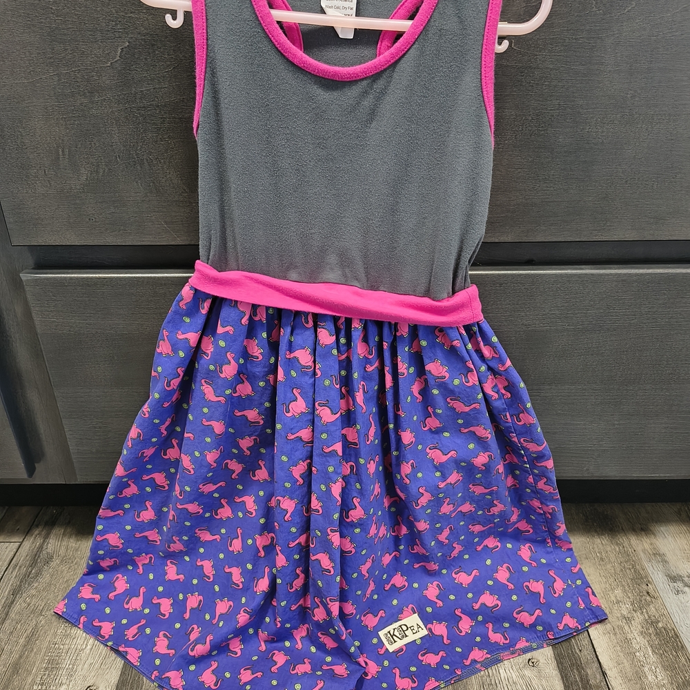 Kids Casual Grey & Pink Tank Dress with Dinosaur Print